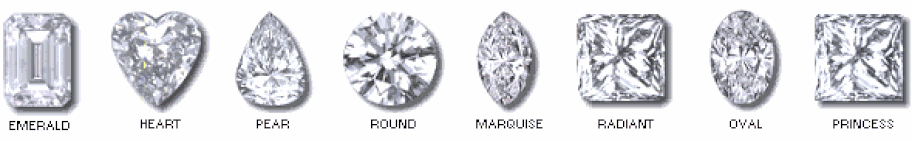 Different shapes that diamonds are usually cut into.