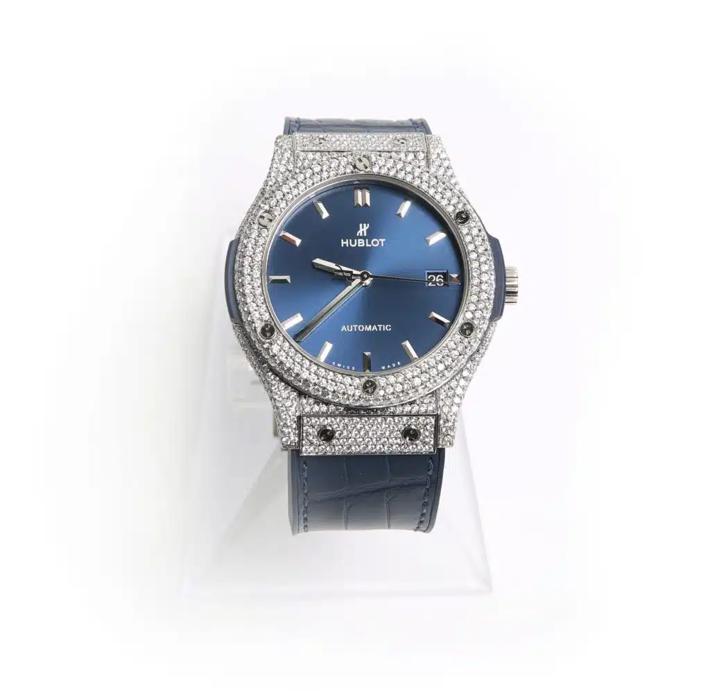 Hublot stainless steel 41mm with custom set diamond bezel and case