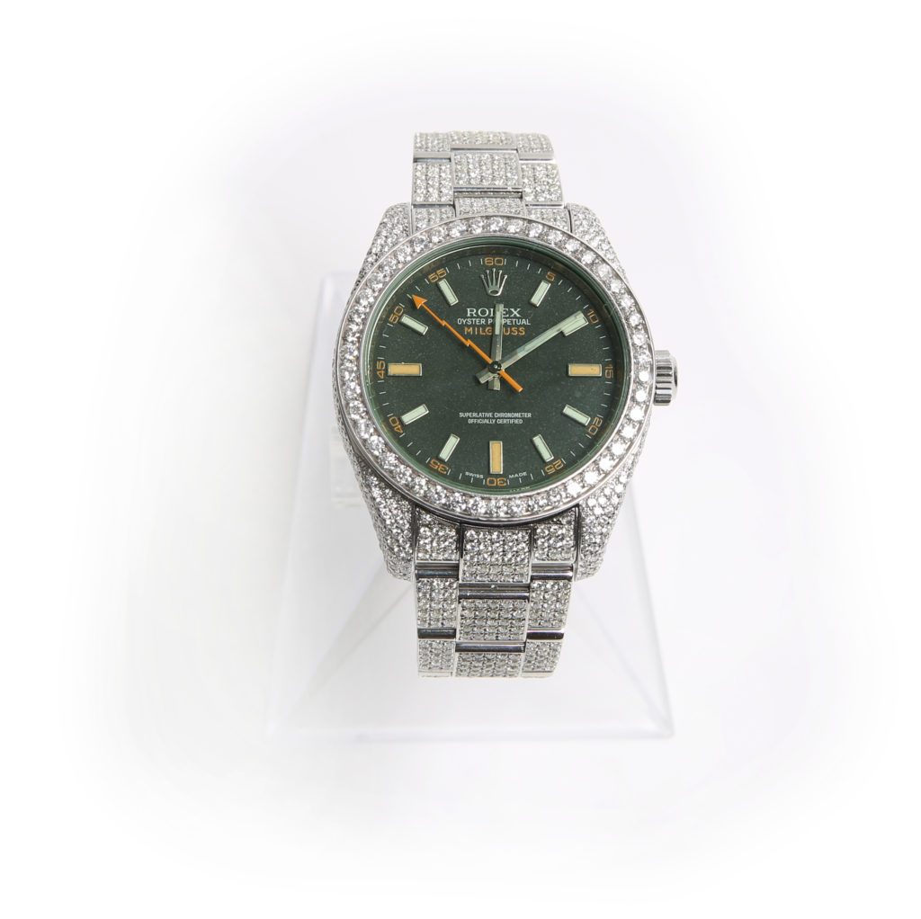 Rolex milgauss stainless steel watch with full custom set diamonds on bezel, case and band