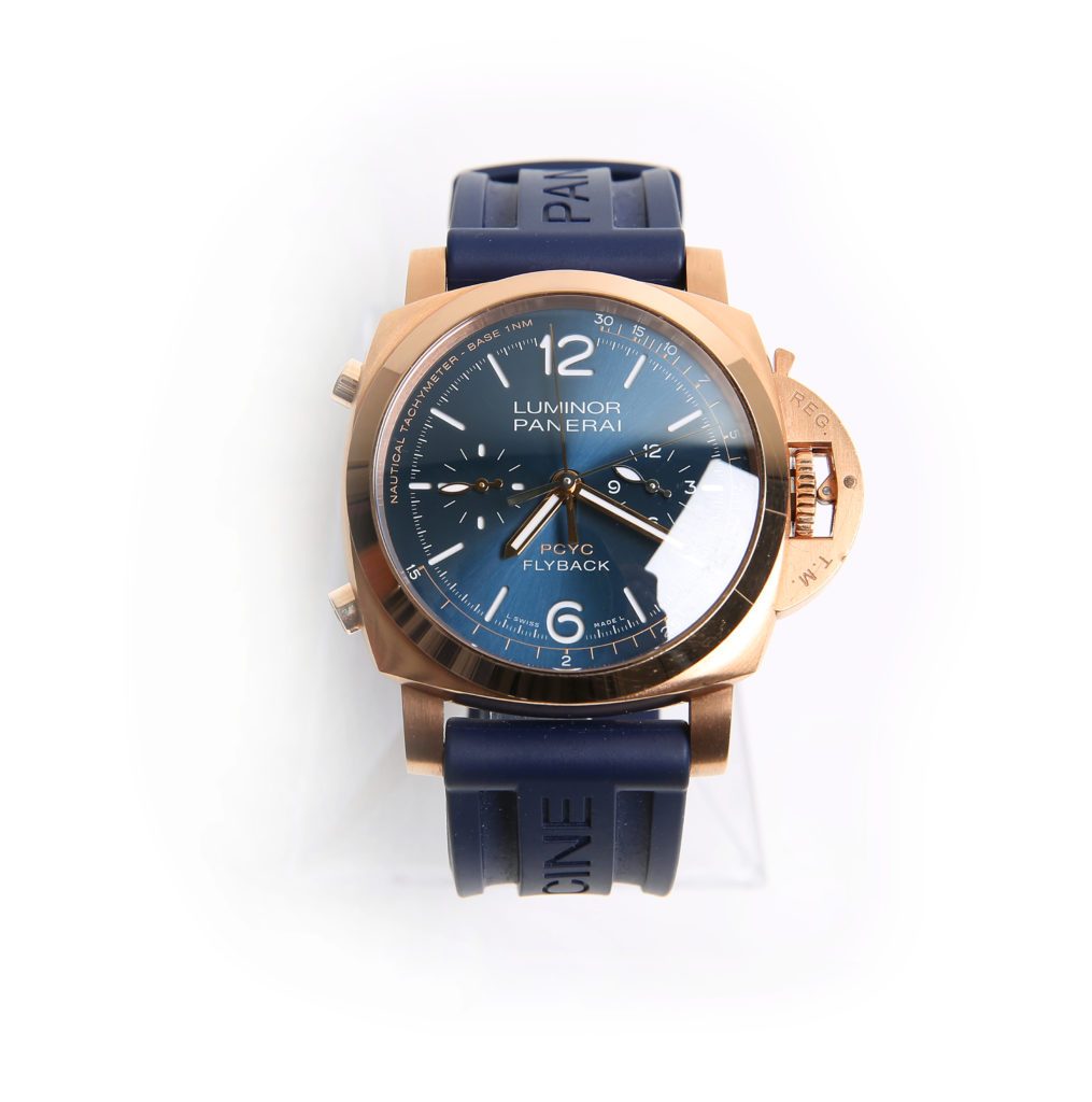 Rose gold panerai luminor watch with blue dial