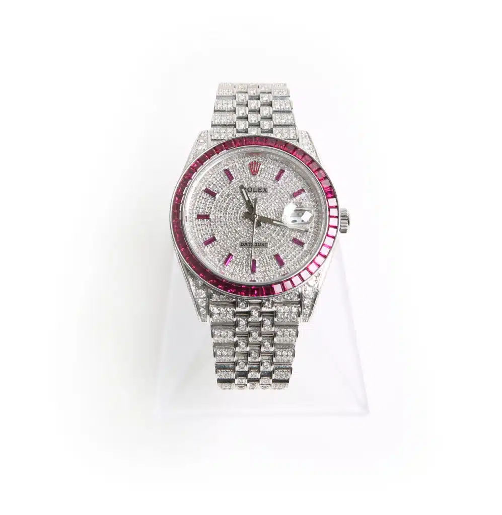 Rolex 41mm stainless steel date just 2 on jubilee band custom set diamonds and rubies