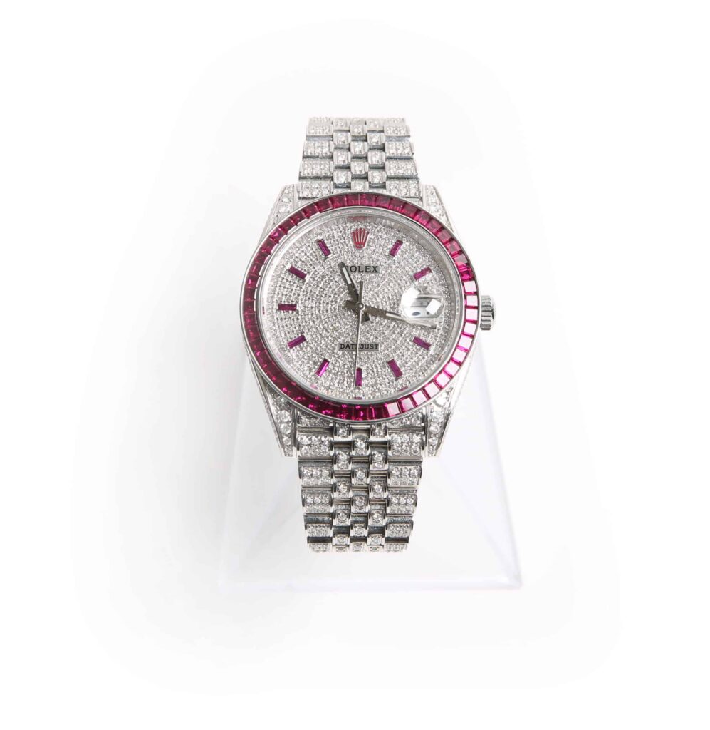 Rolex 41mm stainless steel date just 2 on jubilee band custom set diamonds and rubies