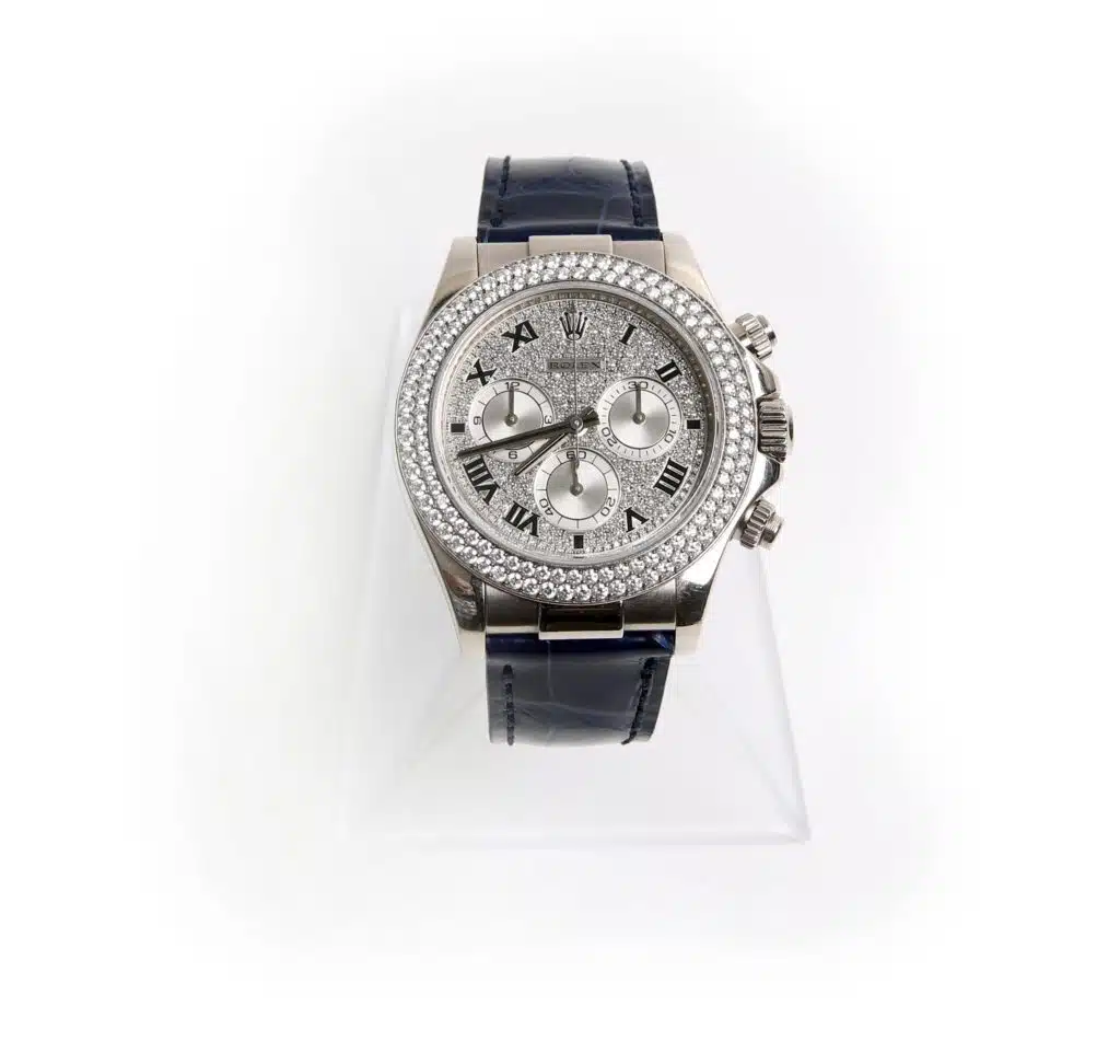 Rolex white gold factory diamond 2 row bezel and factory pave diamond dial Daytona on blue alligator band
