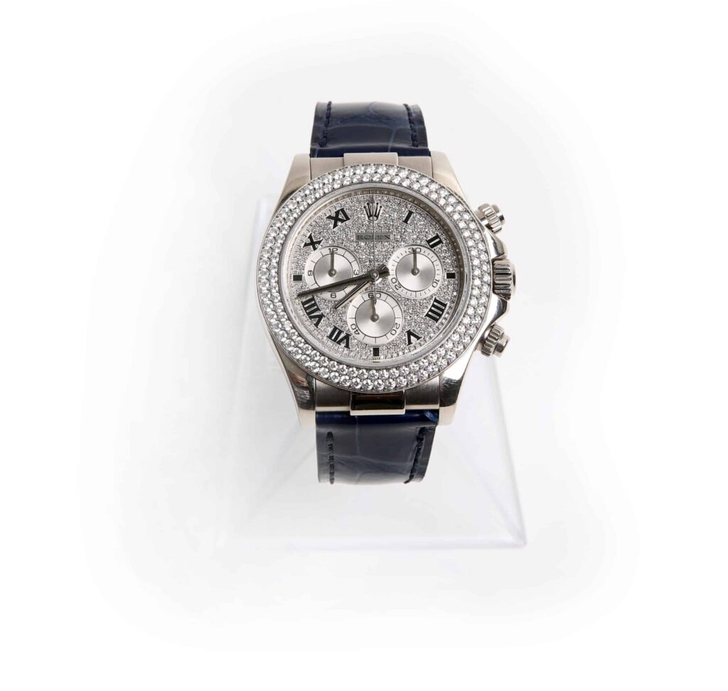 Rolex white gold factory diamond 2 row bezel and factory pave diamond dial Daytona on blue alligator band