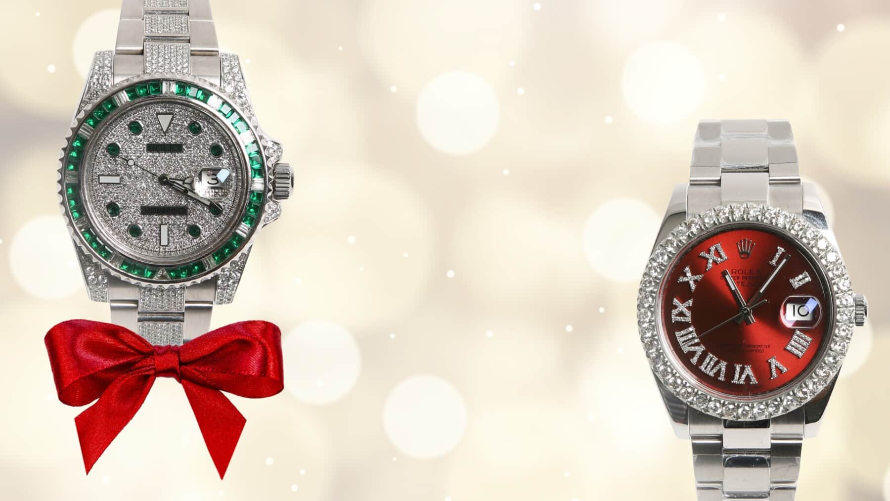 Custom diamond Rolex watches featuring red and green accents, set against a festive, sparkling background. Perfect high-end gifts from Harry Glinberg Jewelers.